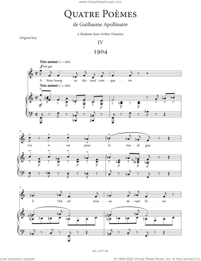 1904 (Low Voice) sheet music for voice and piano (Low Voice) by Francis Poulenc and Guillaume Apollinaire, classical score, intermediate skill level