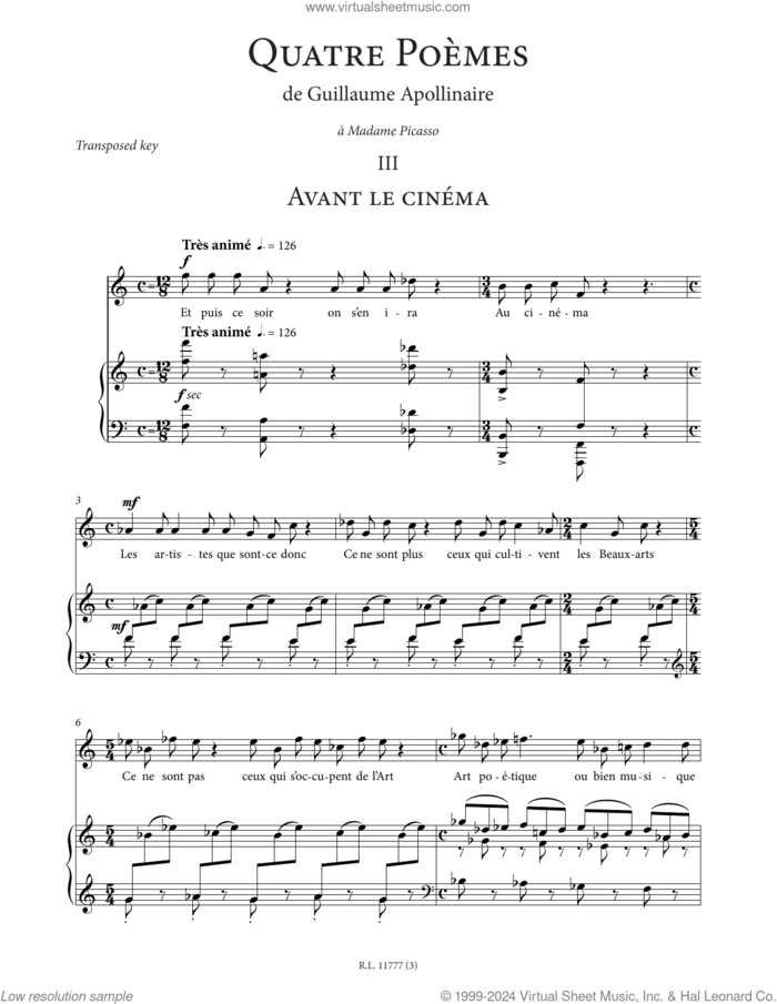 Avant le cinema (High Voice) sheet music for voice and piano (High Voice) by Francis Poulenc and Guillaume Apollinaire, classical score, intermediate skill level