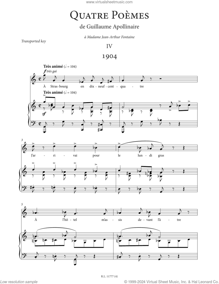 1904 (High Voice) sheet music for voice and piano (High Voice) by Francis Poulenc and Guillaume Apollinaire, classical score, intermediate skill level