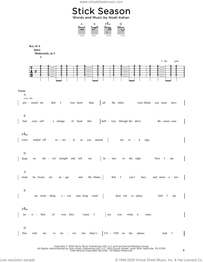 Stick Season sheet music for guitar solo (lead sheet) by Noah Kahan, intermediate guitar (lead sheet)