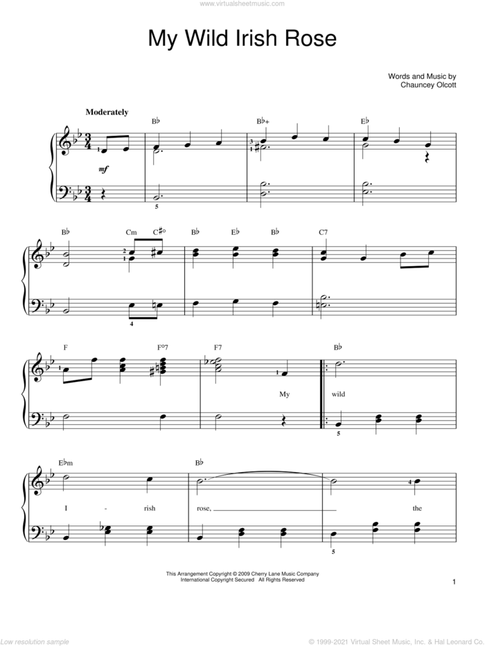 My Wild Irish Rose, (easy) sheet music for piano solo by Chauncey Olcott, easy skill level