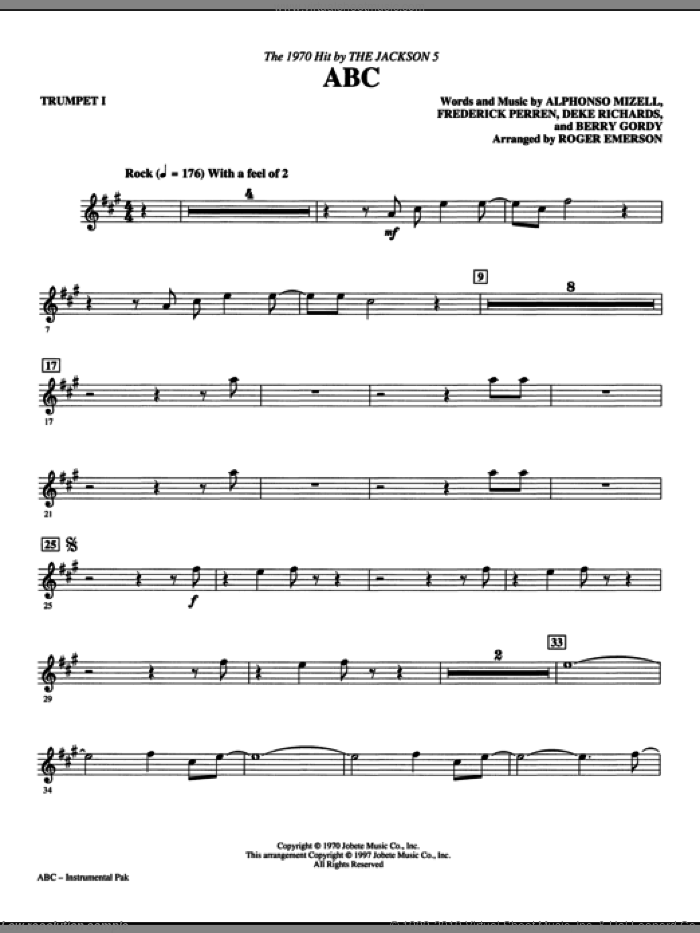 ABC (arr. Roger Emerson) (complete set of parts) sheet music for orchestra/band by Berry Gordy, Alphonso Mizell, Deke Richards, Frederick Perren, Roger Emerson and The Jackson 5, intermediate skill level