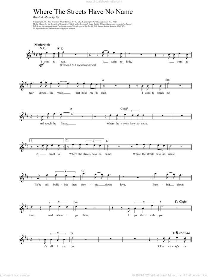 Where The Streets Have No Name sheet music for voice and other instruments (fake book) by U2, intermediate skill level