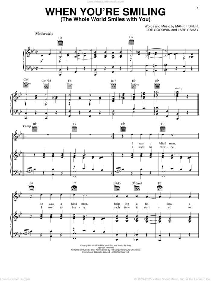 When You're Smiling (The Whole World Smiles With You) sheet music for voice, piano or guitar by Louis Armstrong, Joe Goodwin, Larry Shay and Mark Fisher, intermediate skill level