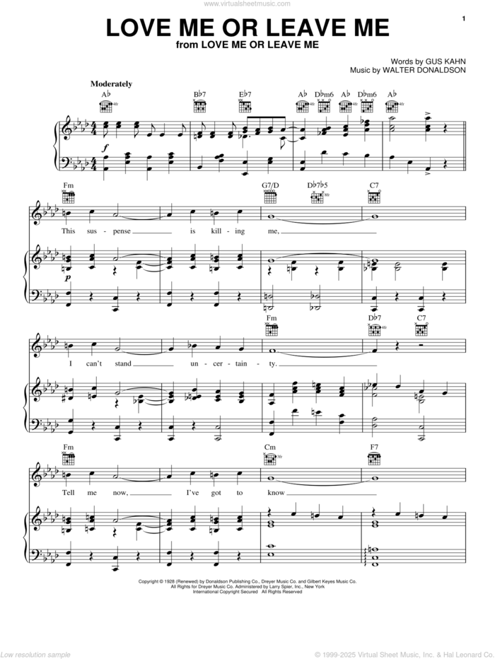 Love Me Or Leave Me sheet music for voice, piano or guitar by Lena Horne, Doris Day, Ruth Etting, Gus Kahn and Walter Donaldson, intermediate skill level