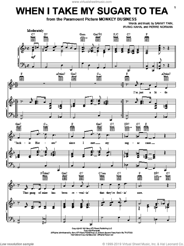 When I Take My Sugar To Tea sheet music for voice, piano or guitar by Sammy Fain, Irving Kahal and Pierre Norman, intermediate skill level