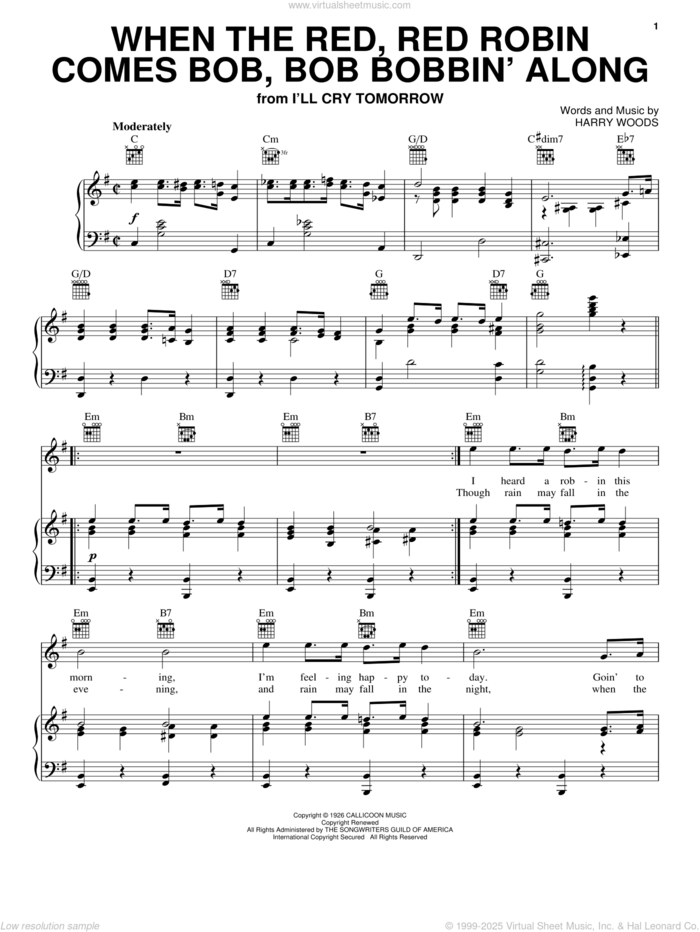 When The Red, Red Robin Comes Bob, Bob Bobbin' Along sheet music for voice, piano or guitar by Harry Woods, intermediate skill level