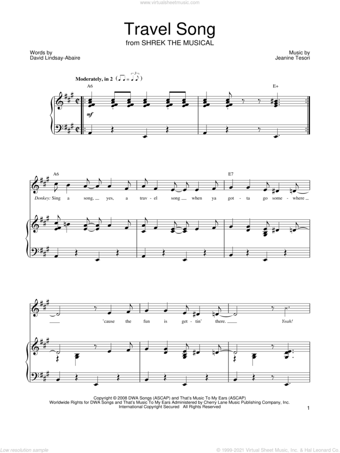 Travel Song sheet music for voice, piano or guitar by Shrek The Musical, David Lindsay-Abaire and Jeanine Tesori, intermediate skill level