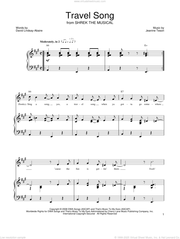 Travel Song sheet music for voice, piano or guitar by Shrek The Musical, David Lindsay-Abaire and Jeanine Tesori, intermediate skill level