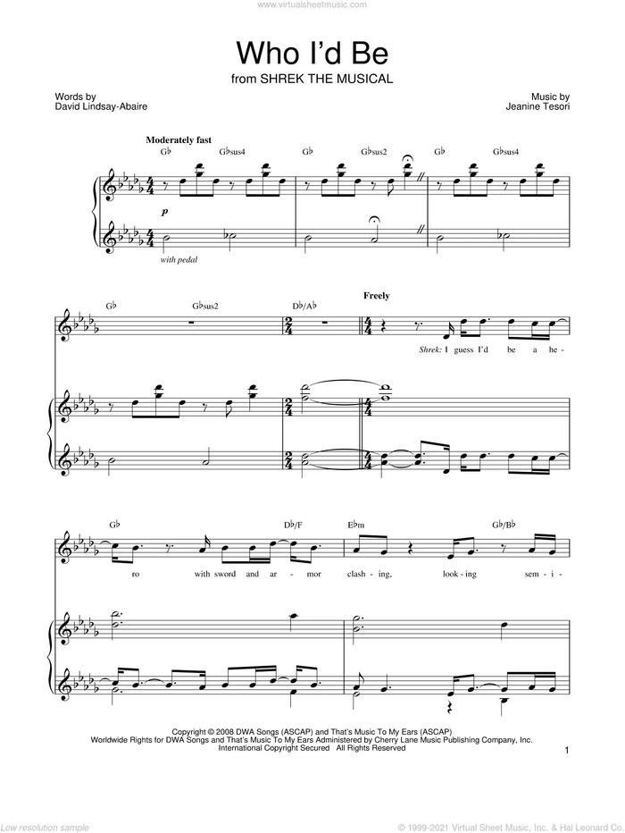 Who I'd Be (from Shrek The Musical) sheet music for voice, piano or guitar by Shrek The Musical, David Lindsay-Abaire and Jeanine Tesori, intermediate skill level