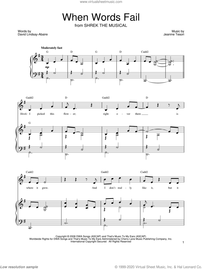 When Words Fail sheet music for voice, piano or guitar by Shrek The Musical, David Lindsay-Abaire and Jeanine Tesori, intermediate skill level
