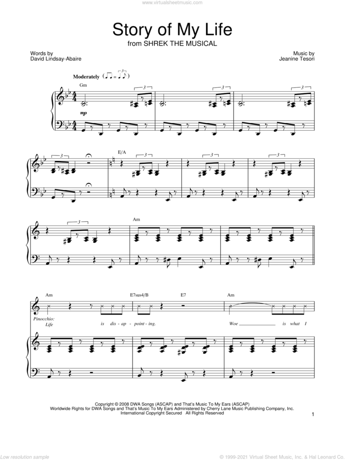 Story Of My Life sheet music for voice, piano or guitar by Shrek The Musical, David Lindsay-Abaire and Jeanine Tesori, intermediate skill level