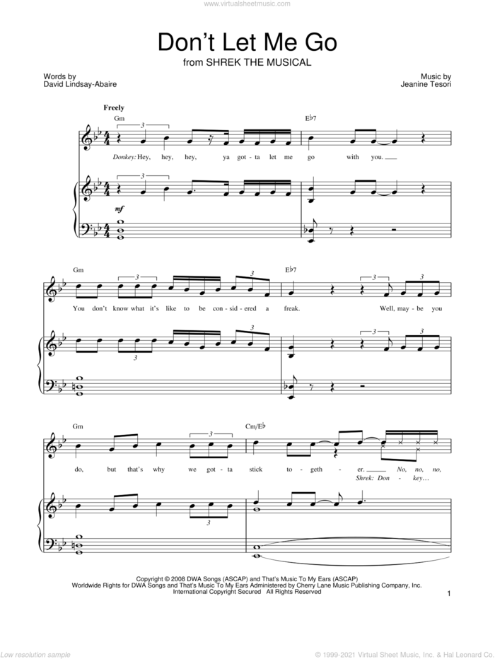 Don't Let Me Go sheet music for voice, piano or guitar by Shrek The Musical, David Lindsay-Abaire and Jeanine Tesori, intermediate skill level