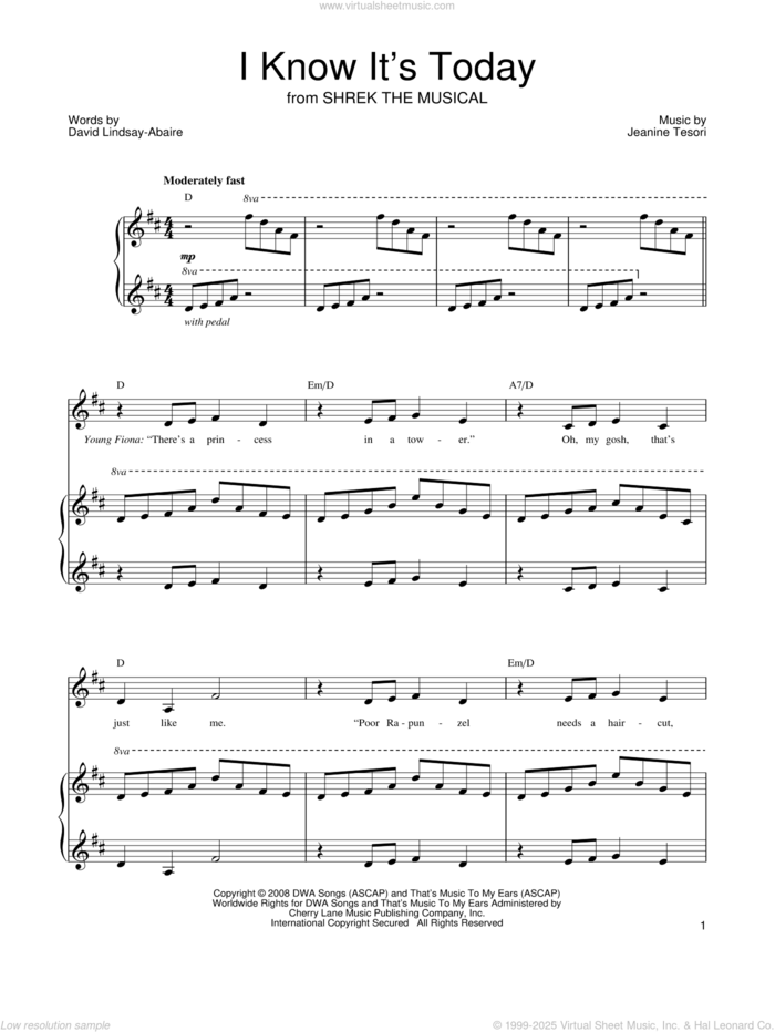 I Know It's Today sheet music for voice, piano or guitar by Shrek The Musical, David Lindsay-Abaire and Jeanine Tesori, intermediate skill level