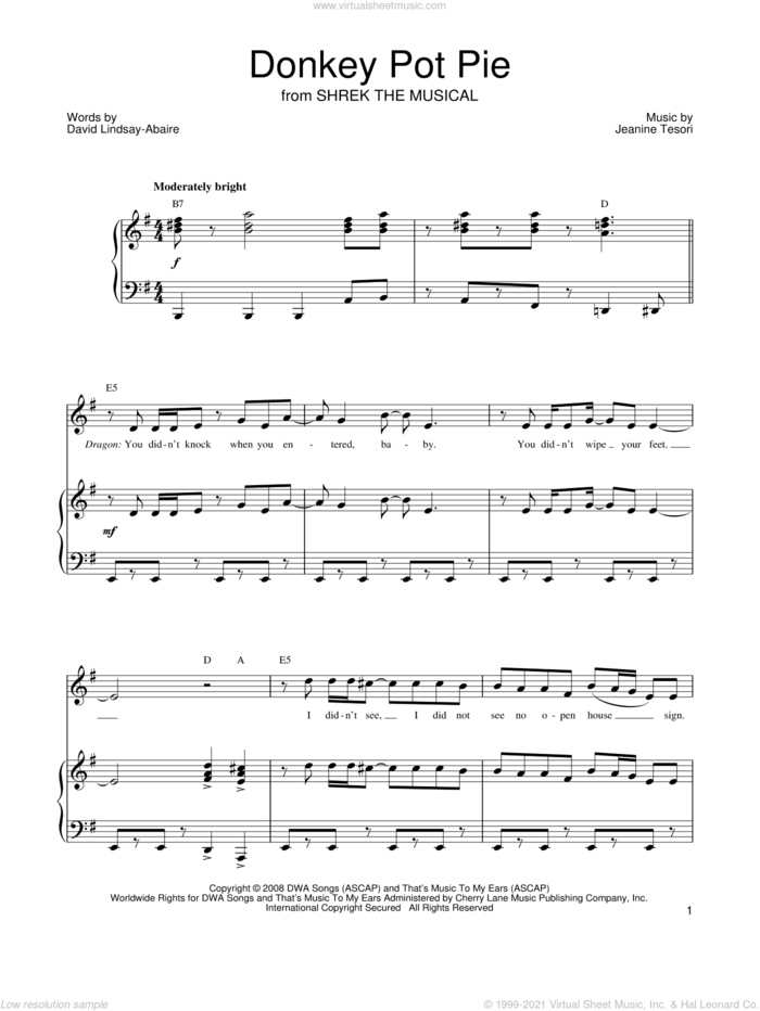 Donkey Pot Pie sheet music for voice, piano or guitar by Shrek The Musical, David Lindsay-Abaire and Jeanine Tesori, intermediate skill level