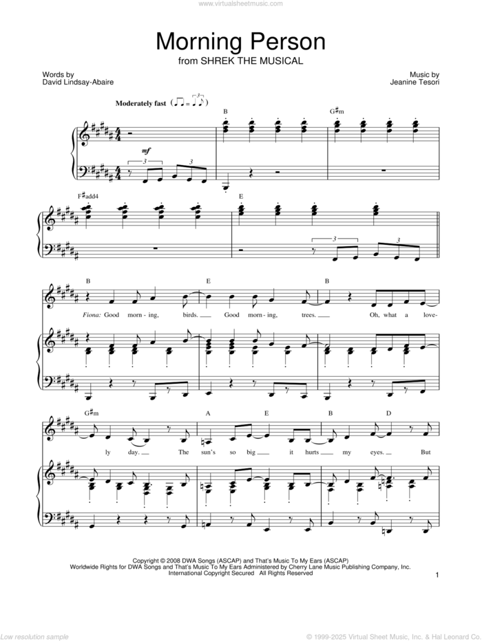 Morning Person sheet music for voice, piano or guitar by Shrek The Musical, David Lindsay-Abaire and Jeanine Tesori, intermediate skill level