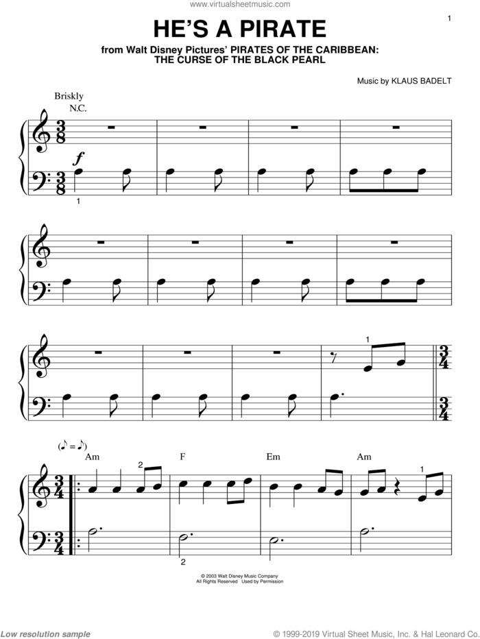 He's A Pirate (from Pirates Of The Caribbean: The Curse of the Black Pearl) sheet music for piano solo (big note book) by Klaus Badelt and Pirates Of The Caribbean: The Curse Of The Black Pearl (Movie), easy piano (big note book)