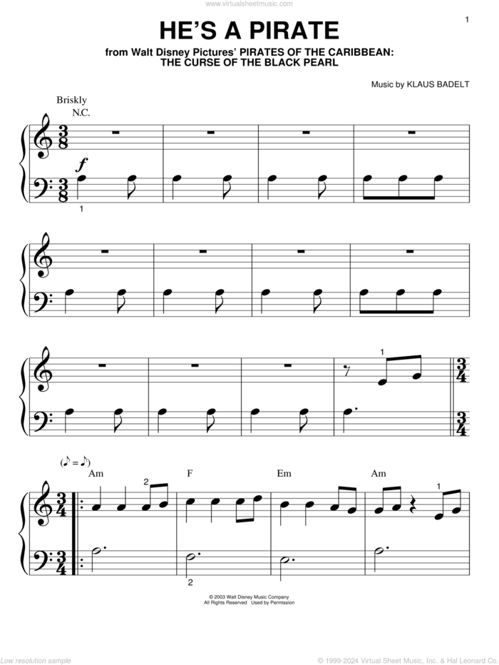 He's A Pirate (from Pirates Of The Caribbean: The Curse of the Black Pearl) sheet music for piano solo (big note book) by Klaus Badelt and Pirates Of The Caribbean: The Curse Of The Black Pearl (Movie), easy piano (big note book)