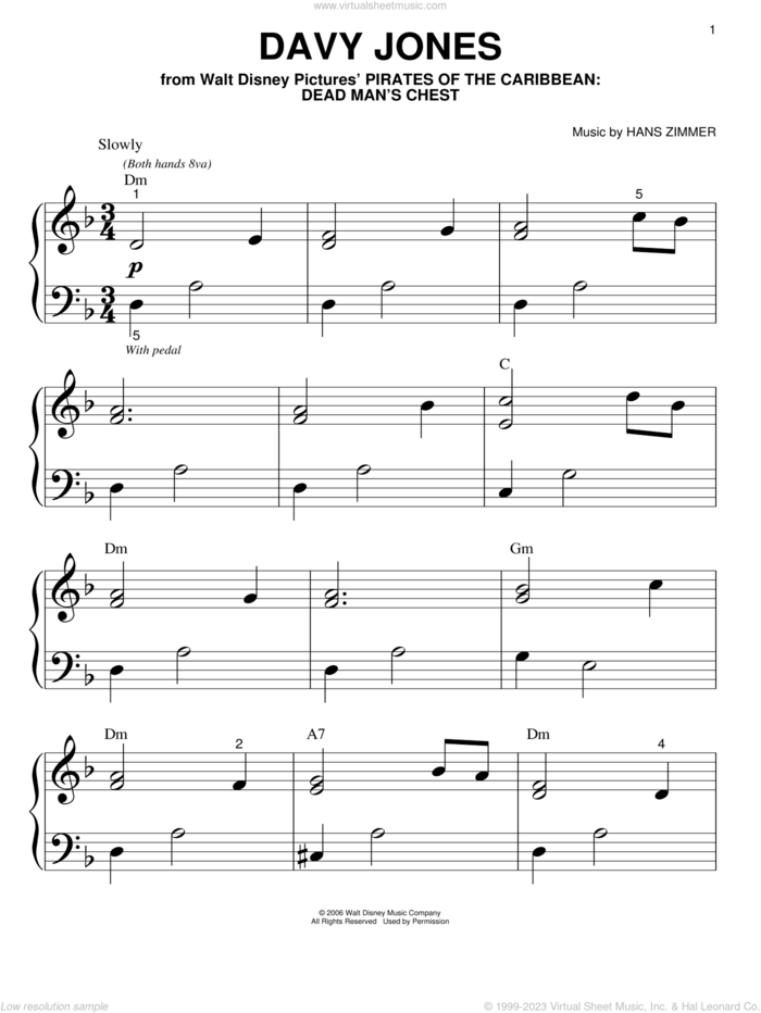 Davy Jones (from Pirates Of The Caribbean: Dead Man's Chest) sheet music for piano solo (big note book) by Hans Zimmer, easy piano (big note book)