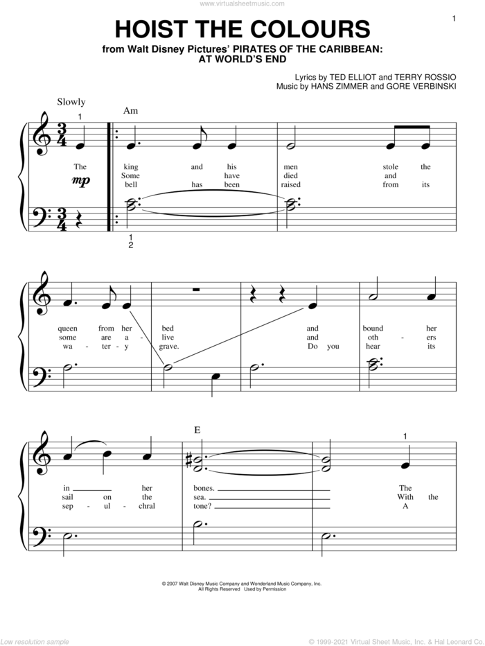 Hoist The Colours (from Pirates Of The Caribbean: At World's End) sheet music for piano solo (big note book) by Hans Zimmer, Gore Verbinski, Ted Elliot and Terry Rossio, easy piano (big note book)