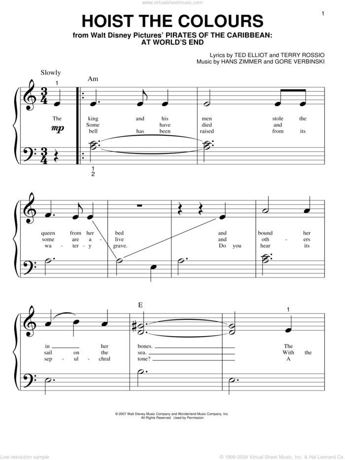 Hoist The Colours (from Pirates Of The Caribbean: At World's End) sheet music for piano solo (big note book) by Hans Zimmer, Gore Verbinski, Ted Elliot and Terry Rossio, easy piano (big note book)