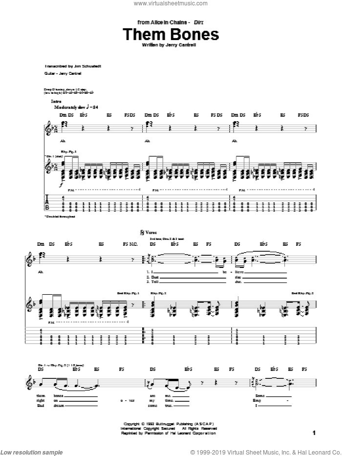 Them Bones sheet music for guitar (tablature) by Alice In Chains and Jerry Cantrell, intermediate skill level