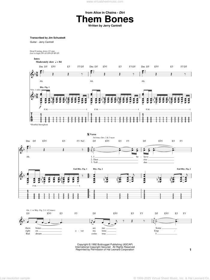 Them Bones sheet music for guitar (tablature) by Alice In Chains and Jerry Cantrell, intermediate skill level