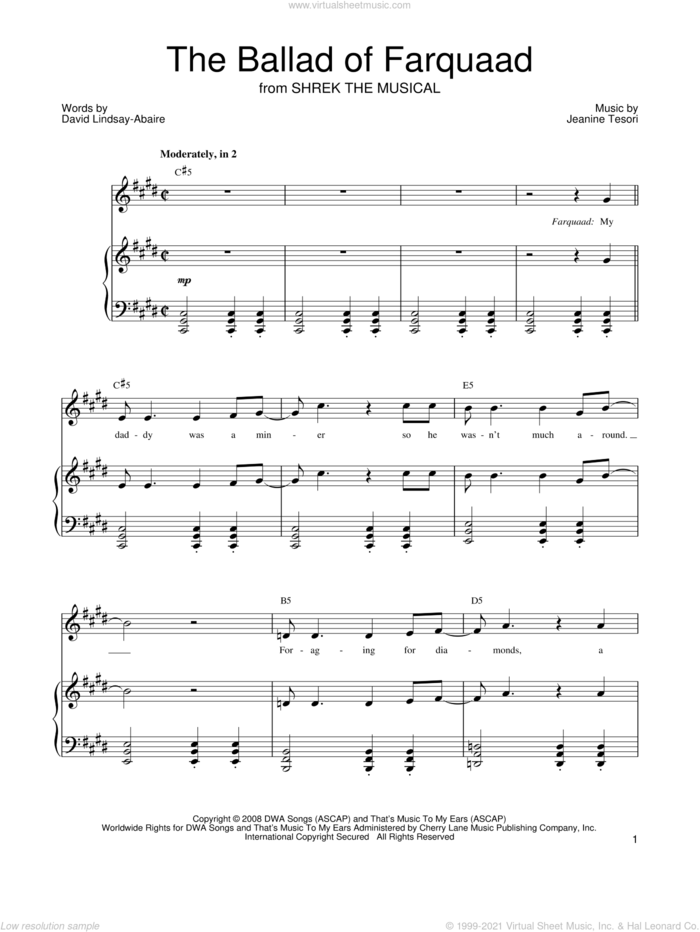 The Ballad of Farquaad sheet music for voice, piano or guitar by Shrek The Musical, David Lindsay-Abaire and Jeanine Tesori, intermediate skill level