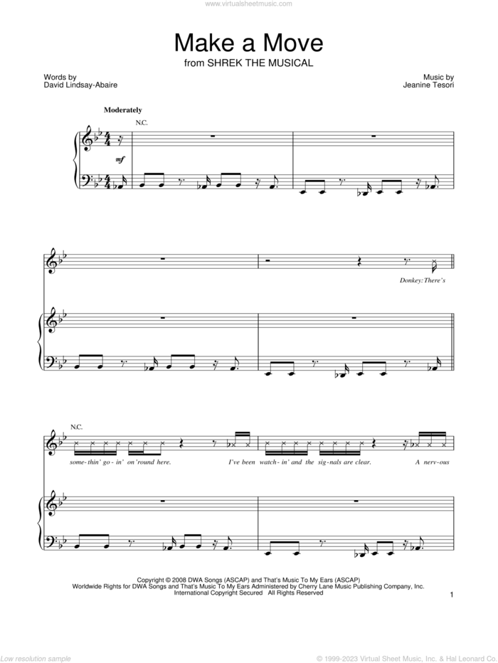 Make A Move sheet music for voice, piano or guitar by Shrek The Musical, David Lindsay-Abaire and Jeanine Tesori, intermediate skill level