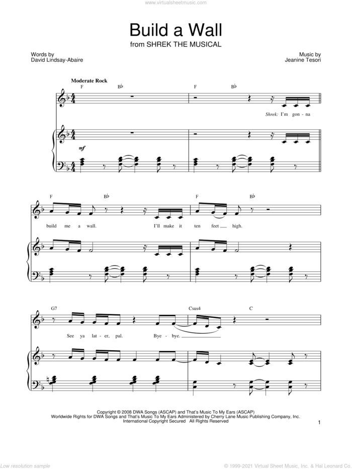 Build A Wall sheet music for voice, piano or guitar by Shrek The Musical, David Lindsay-Abaire and Jeanine Tesori, intermediate skill level
