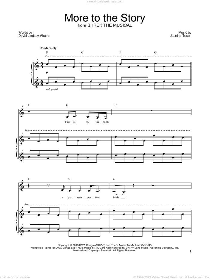 More To The Story sheet music for voice, piano or guitar by Shrek The Musical, David Lindsay-Abaire and Jeanine Tesori, intermediate skill level