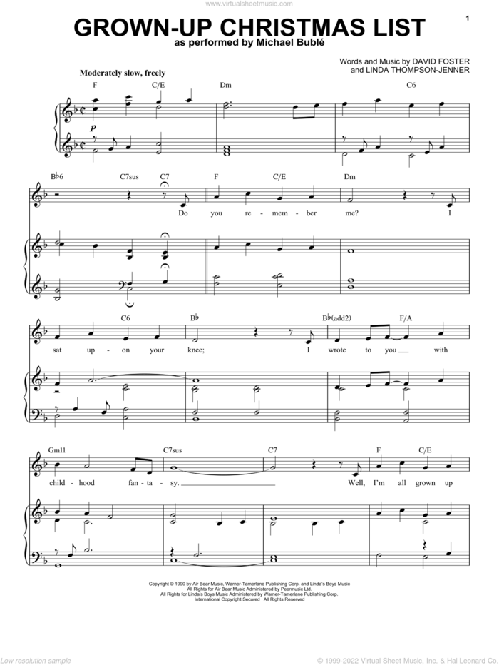 Grown-Up Christmas List sheet music for voice and piano by Michael Buble, Amy Grant, David Foster and Linda Thompson-Jenner, intermediate skill level