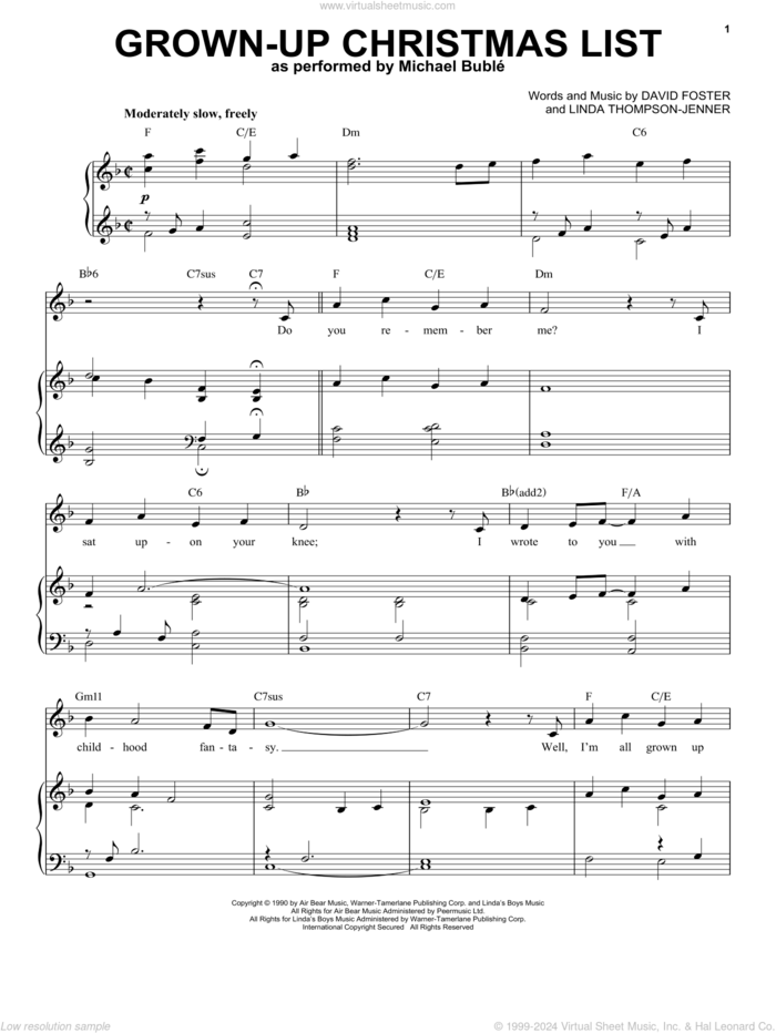 Grown-Up Christmas List sheet music for voice and piano by Michael Buble, Amy Grant, David Foster and Linda Thompson-Jenner, intermediate skill level