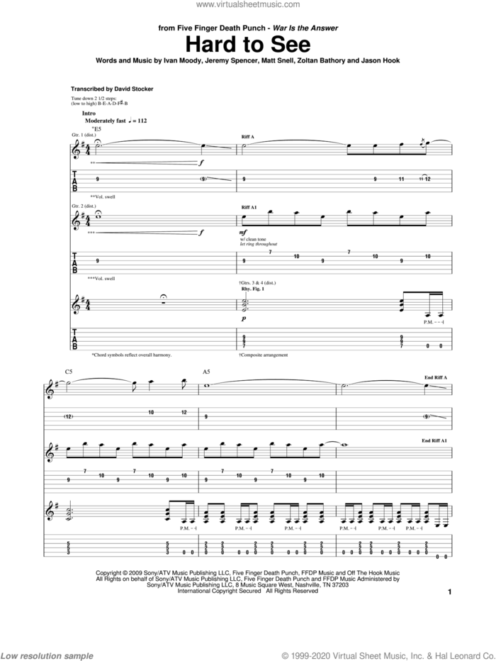 Hard To See sheet music for guitar (tablature) by Five Finger Death Punch, Ivan Moody, Jason Hook, Jeremy Spencer, Matthew Snell and Zoltan Bathory, intermediate skill level