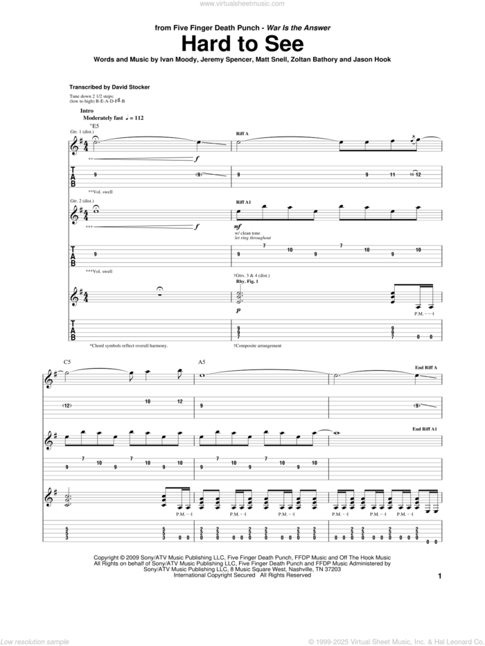 Hard To See sheet music for guitar (tablature) by Five Finger Death Punch, Ivan Moody, Jason Hook, Jeremy Spencer, Matthew Snell and Zoltan Bathory, intermediate skill level