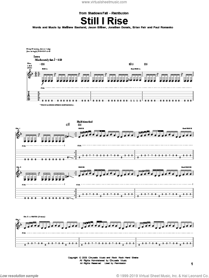 Still I Rise sheet music for guitar (tablature) by Shadows Fall, Brian Fair, Jason Bittner, Jonathan Donais, Matthew Bachand and Paul Romanko, intermediate skill level