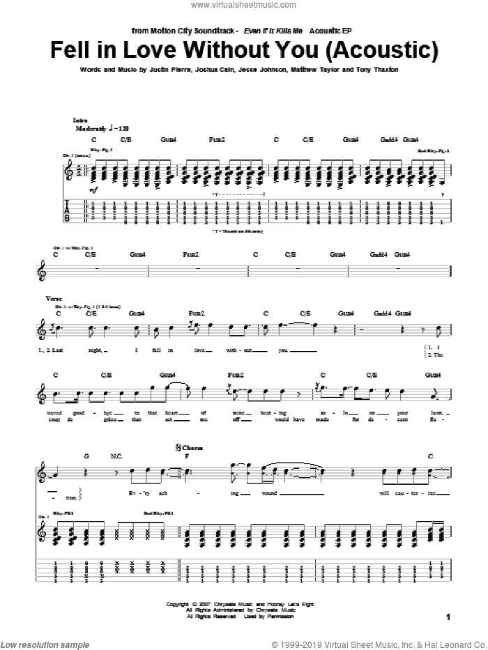 Fell In Love Without You (Acoustic Version) sheet music for guitar (tablature) by Motion City Soundtrack, Jesse Johnson, Joshua Cain, Justin Pierre, Matthew Taylor and Tony Thaxton, intermediate skill level