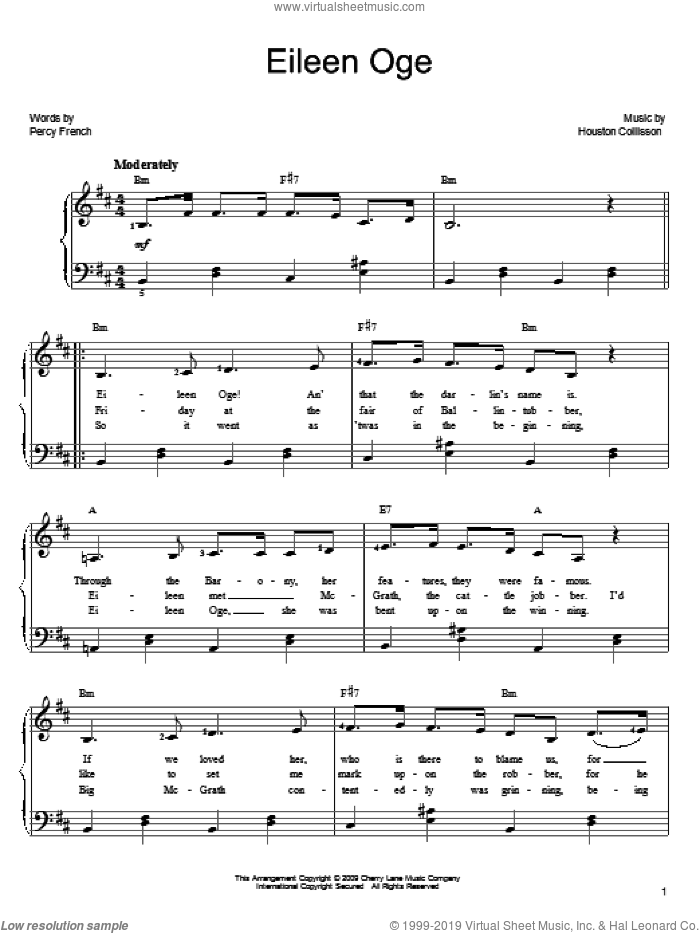 Eileen Oge sheet music for piano solo by Percy French and Houston Collisson, easy skill level
