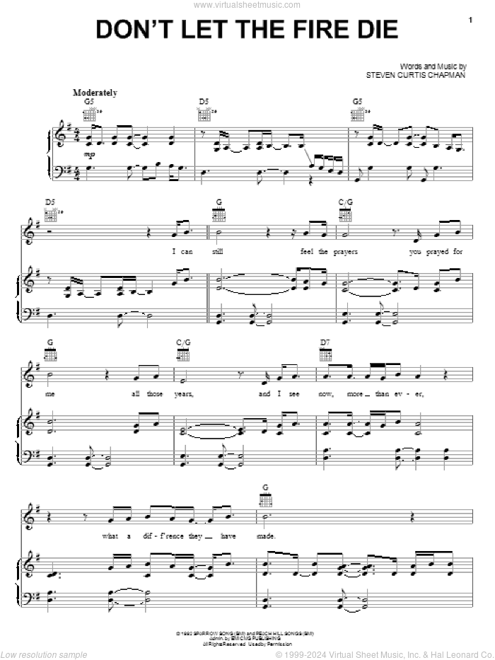 Don't Let The Fire Die sheet music for voice, piano or guitar by Steven Curtis Chapman, intermediate skill level