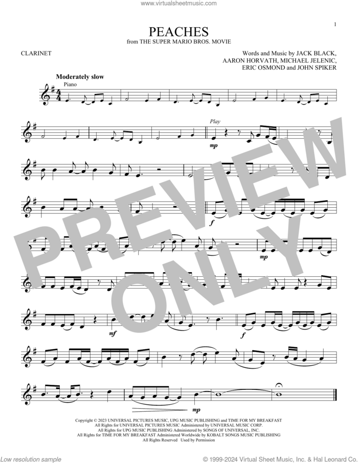 Peaches (from The Super Mario Bros. Movie) sheet music for clarinet solo by Jack Black, Aaron Horvath, Eric Osmond, John Spiker and Michael Jelenic, intermediate skill level