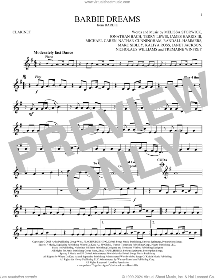 Barbie Dreams (from Barbie) (feat. Kaliii) sheet music for clarinet solo by FIFTY FIFTY, James Harris, Janet Jackson, Jonathan Bach, Kaliya Ross, Marc Sibley, Melissa Storwick, Michael Caren, Mike Caren, Nathan Cunningham, Nicholaus Williams, Randall Hammers, Terry Lewis and Tremaine Winfrey, intermediate skill level