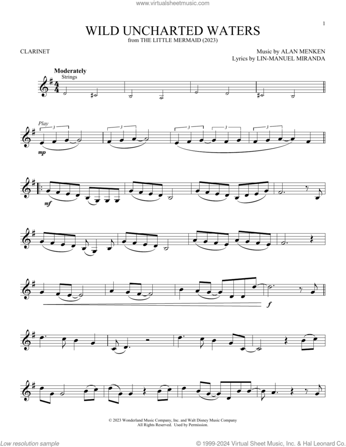 Wild Uncharted Waters (from The Little Mermaid) (2023) sheet music for clarinet solo by Jonah Hauer-King, Alan Menken and Lin-Manuel Miranda, intermediate skill level