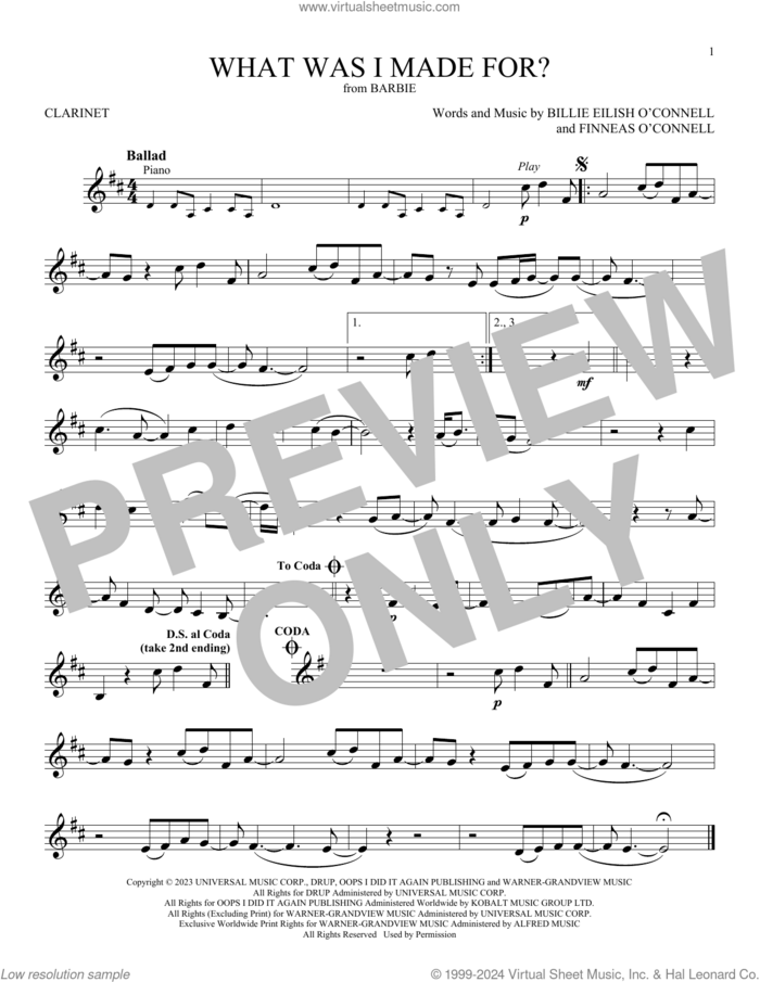 What Was I Made For? (from Barbie) sheet music for clarinet solo by Billie Eilish, intermediate skill level
