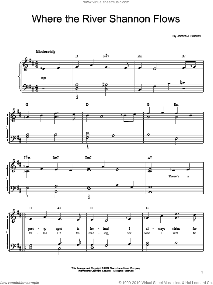 Where The River Shannon Flows sheet music for piano solo by James J. Russell, easy skill level