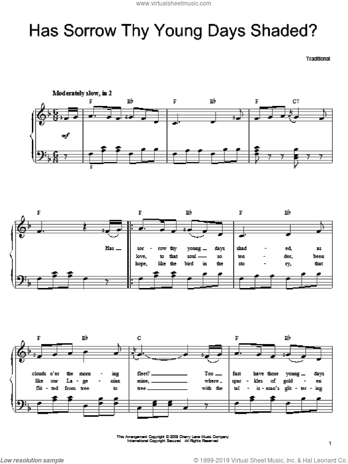 Has Sorrow Thy Young Days Shaded? sheet music for piano solo, easy skill level