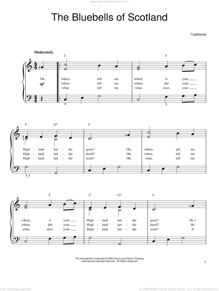 The Bluebells Of Scotland sheet music for piano solo, easy skill level