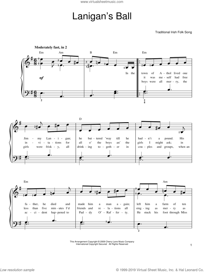 Lanigan's Ball sheet music for piano solo, easy skill level