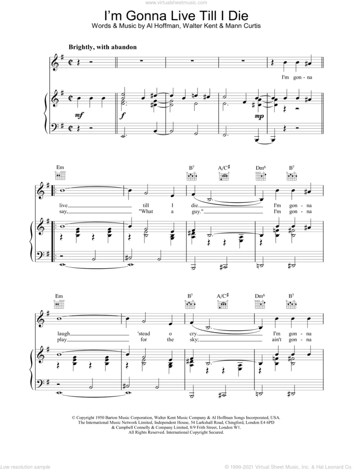 I'm Gonna Live Till I Die sheet music for voice, piano or guitar by Frank Sinatra, intermediate skill level