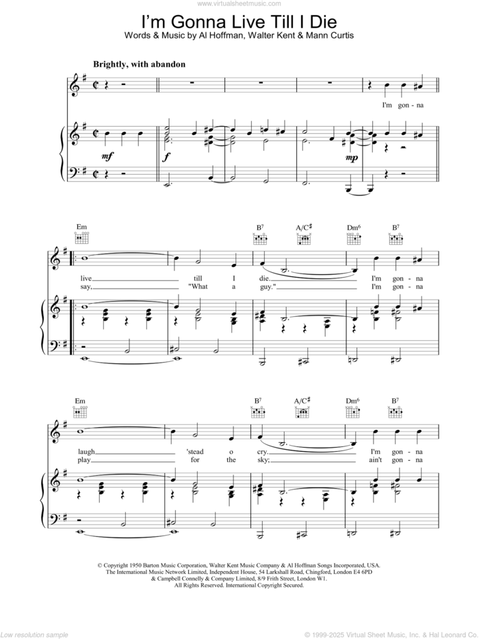 I'm Gonna Live Till I Die sheet music for voice, piano or guitar by Frank Sinatra, intermediate skill level