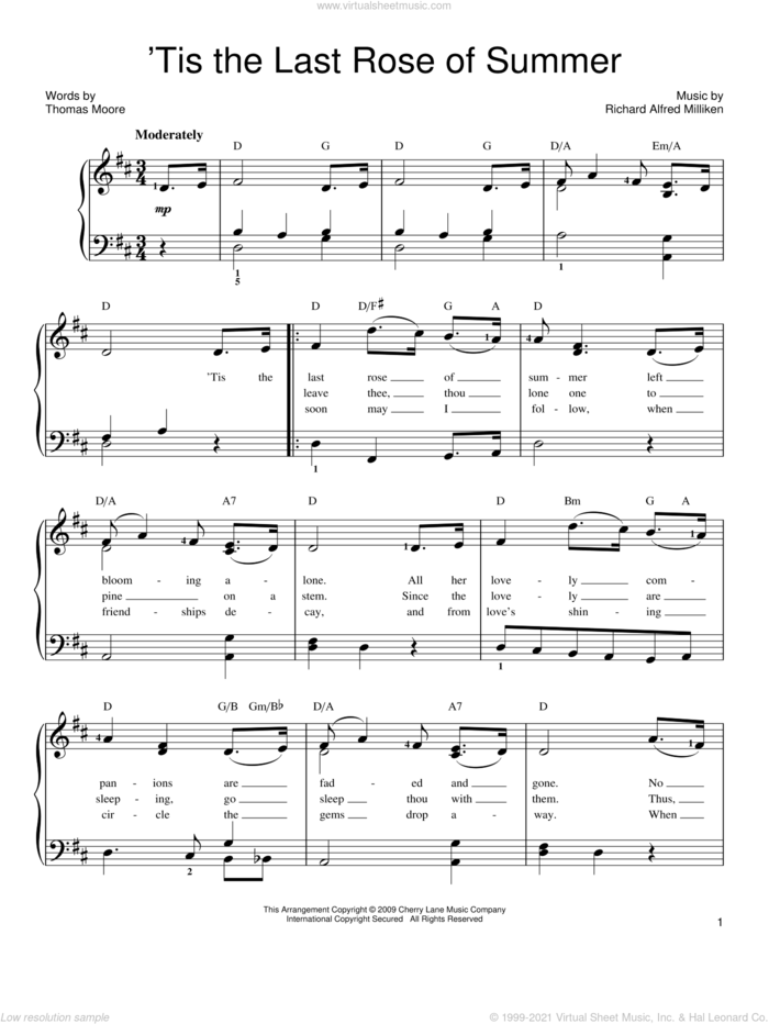 'Tis The Last Rose Of Summer sheet music for piano solo by Thomas Moore and Richard Alfred Milliken, easy skill level